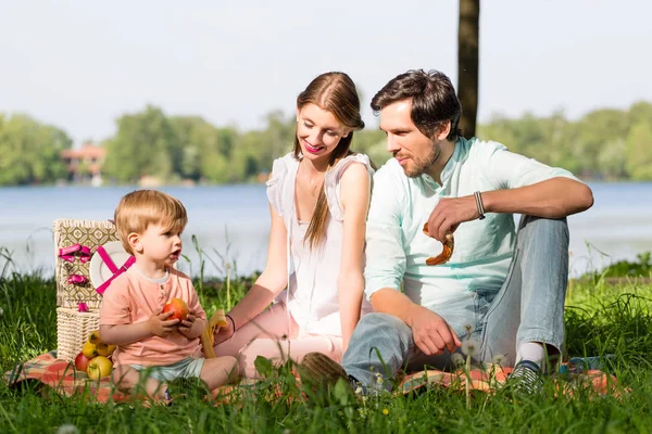 Família fazendo piquenique no lago sentado no prado — Fotografia de Stock
