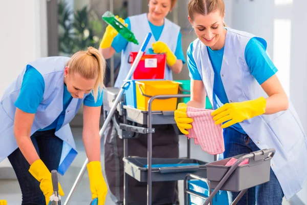 Commerciële reinigingsmiddelen doend het werk samen — Stockfoto