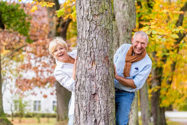 Senior couple flirting playing around tree in park