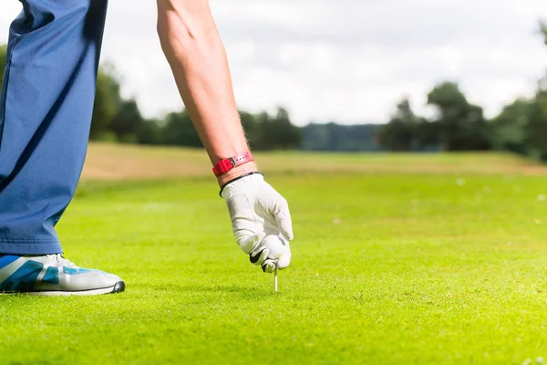 Hombre poniendo pelota de golf en tee — Foto de Stock