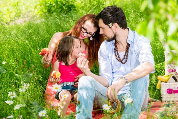 Familia comiendo en el prado de verano sentado en la hierba —  Fotos de Stock