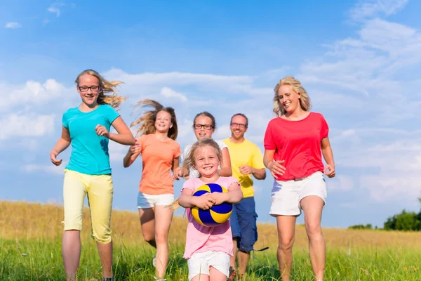Familie spielt Ballspiele auf Wiese — Stockfoto