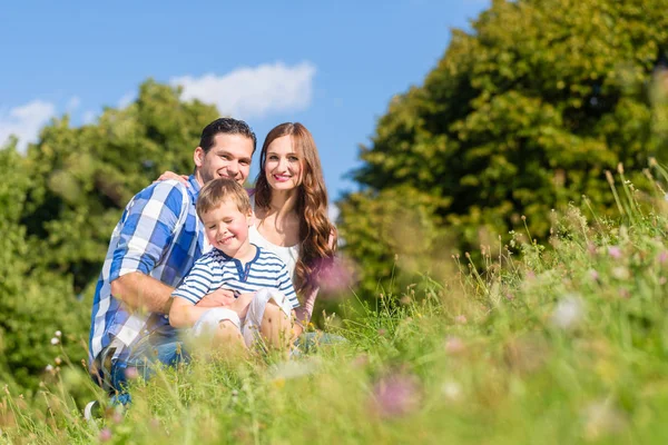 Family cuddling sitting on meadow — Stock Photo, Image