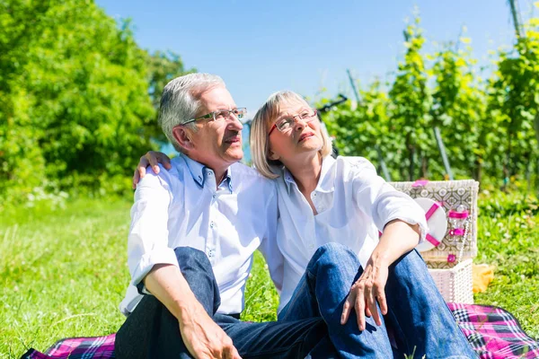 Senior vrouw en man hebben picnic op weide — Stockfoto