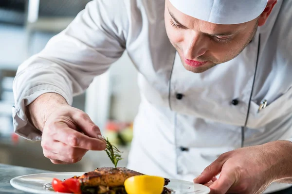 Chef garnishing the food on plate to complete the dish — Stock Photo, Image