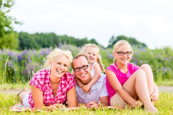 Семья, сидящая на траве на газоне или поле — стоковое фото