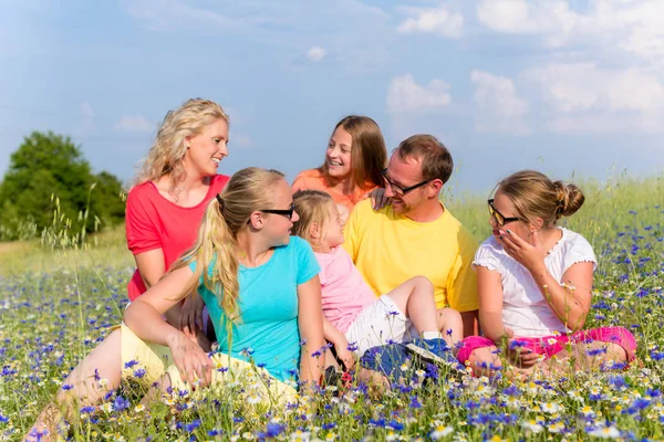 Familjen sitter på ängen i blommor — Stockfoto