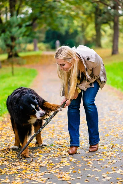 Kvinna och hund vid hämtning stick spel — Stockfoto