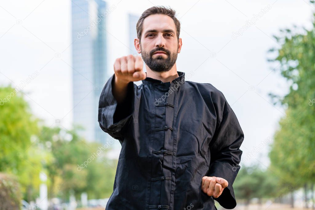 sportsman practicing karate in city