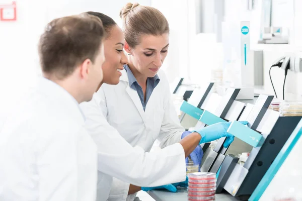 Groep van onderzoekers met behulp van wetenschappelijke technologie voor test — Stockfoto