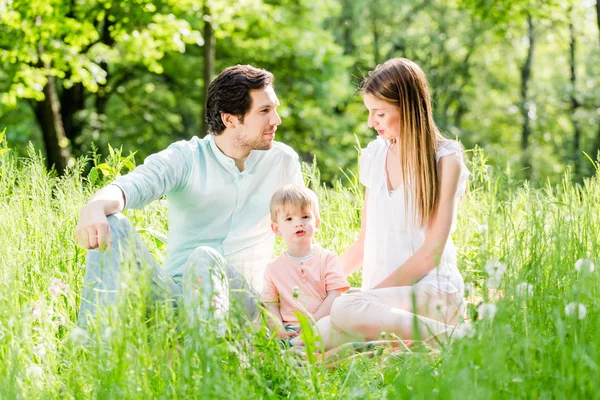 Familie met zoon op weide — Stockfoto