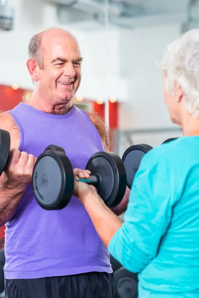 Senior couple in gym lifting dumbbells