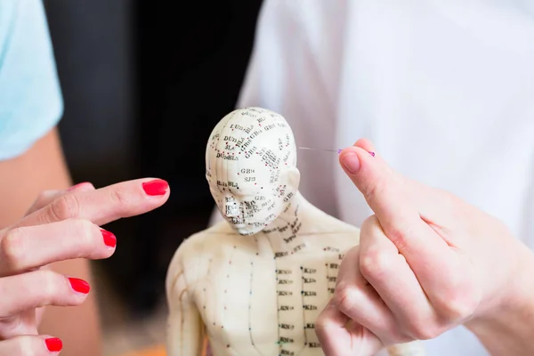 Alternative practitioner explaining acupuncture — Stock Photo, Image