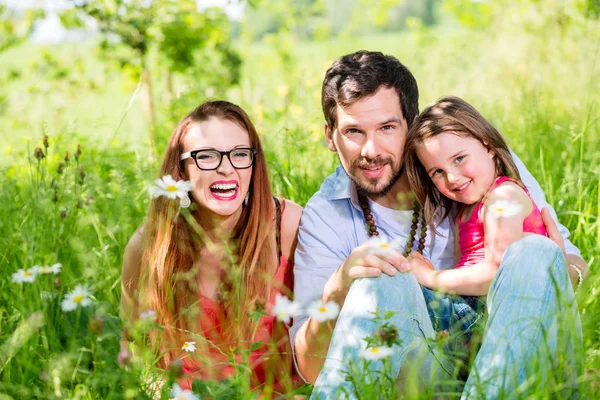 Famille assis sur la prairie donnant leur protection d'enfant — Photo