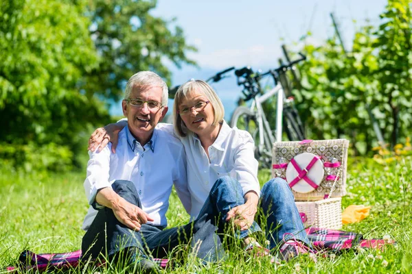 Seniorin und Mann picknicken auf Wiese — Stockfoto