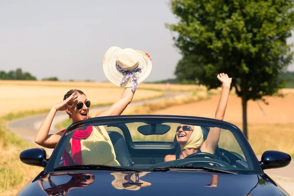 コンバーチブル車で夏の無謀な行動を持つ友人 — ストック写真