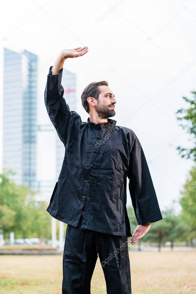 sportsman practicing karate in city
