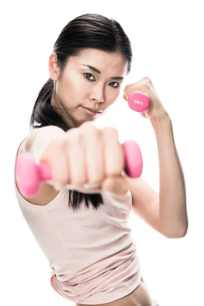 Woman holding small dumbbells — Stock Photo, Image