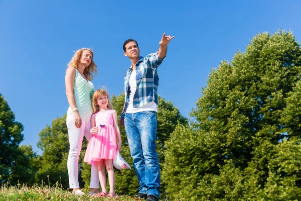 Jonge gezin op veld, papa wijzend op iets — Stockfoto