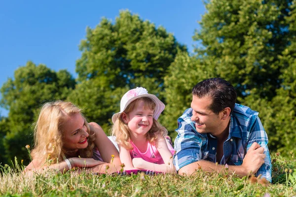 Отец, мать, дочь лежат на лугу в траве — стоковое фото