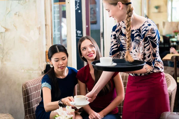 Garçonete amigável que serve café em um restaurante elegante — Fotografia de Stock