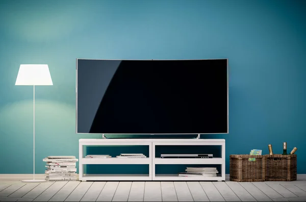 3D BELSŐÉPITÉSZ látványterv, modern nappali tv-vel és lámpa — Stock Fotó
