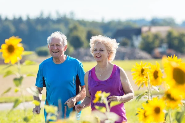 Fröhliches Senioren-Paar joggt gemeinsam im Grünen — Stockfoto