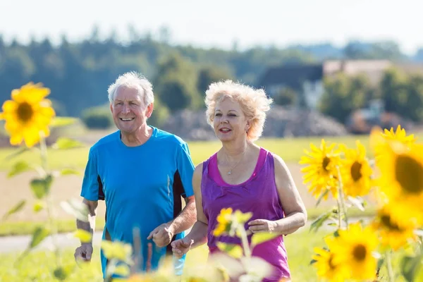 Alegre pareja de ancianos trotando juntos al aire libre en el país — Foto de Stock