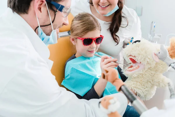 Bambino a studio di dentista badando a denti di giocattolo di animale domestico — Foto Stock