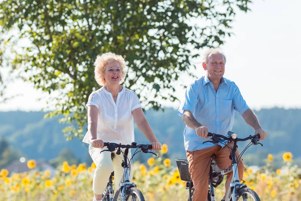 Casal de idosos ativos andando de bicicleta juntos no campo — Fotografia de Stock