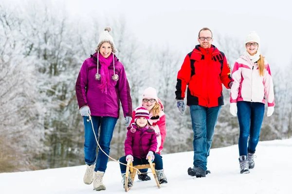 Familie Mit Kindern Beim Winterspaziergang Schnee Mit Spaß lizenzfreie Stockfotos