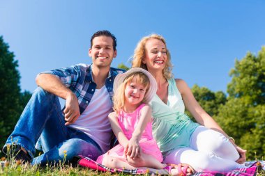 Aile üzerinde çayır battaniyeye oturmuş 