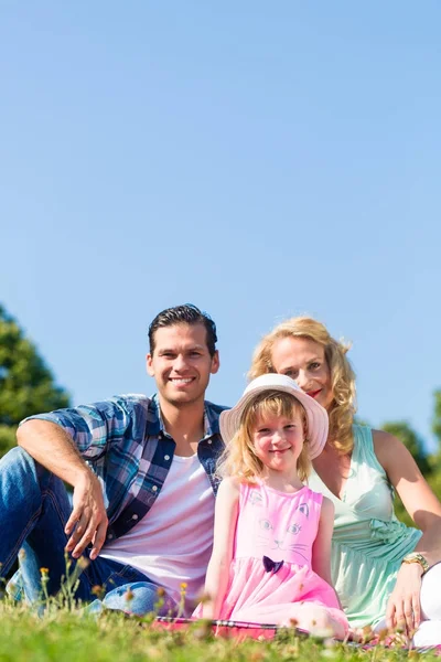 Família sentada em cobertor no prado — Fotografia de Stock