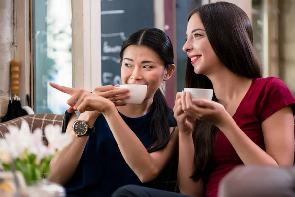 Chiacchiera giovane donna che indica mentre seduto in una caffetteria — Foto Stock