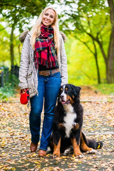Frau Läuft Mit Hund Der Leine Park — Stockfoto