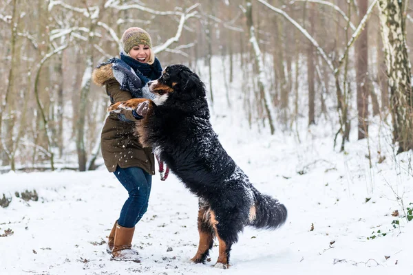 Cão abraçando sua mãe em um dia de inverno com neve — Fotografia de Stock