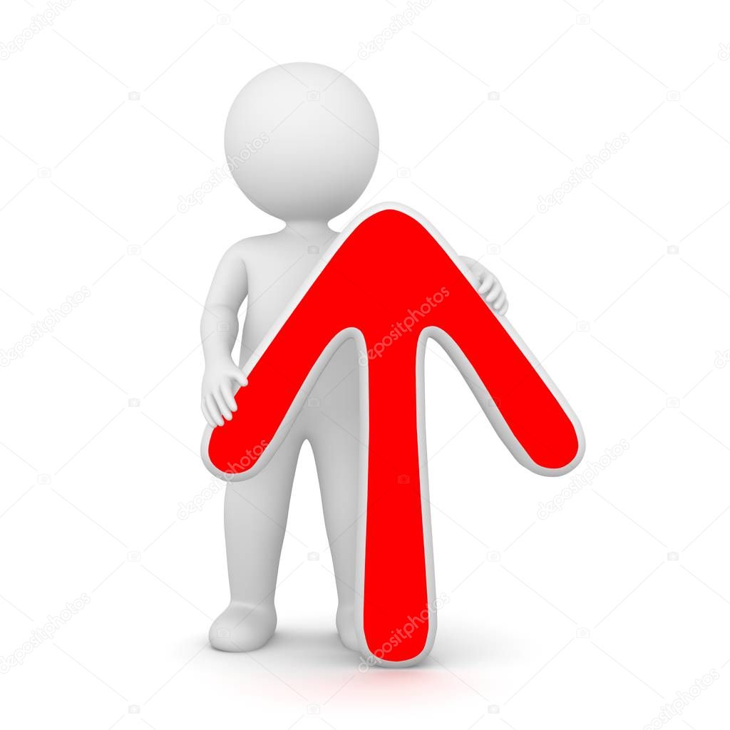 3D Rendering of a man holding a red up arrow