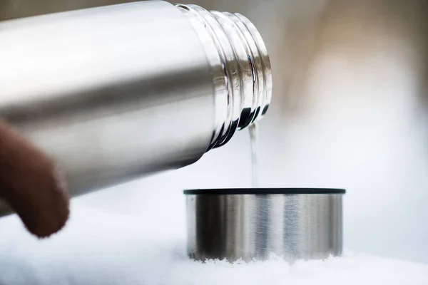 Woman Pouring Hot Water Thermos Flask Winter Walk — Stock Photo, Image