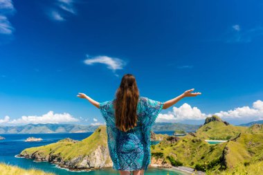 Rear view of a happy tourist enjoying the breeze while standing with outstretched arms outdoors during summer vacation in Padar Island, Indonesia clipart