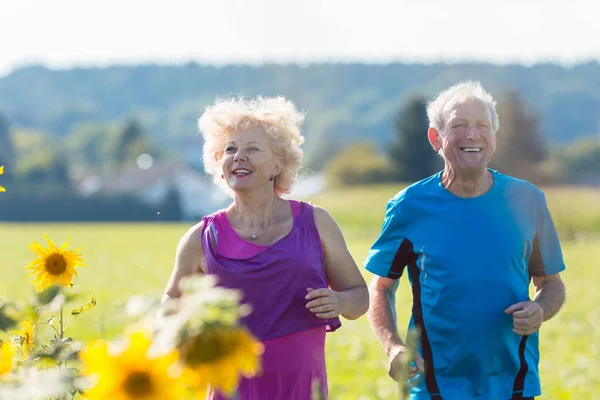 Cheerful Senior Couple Healthy Lifestyle Jogging Together Outdoors Countryside Summer — Stock Photo, Image