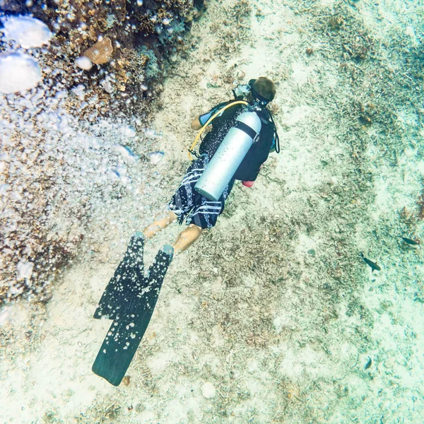 Bolhas Emergindo Mergulhador Belo Recife Coral Sob Água — Fotografia de Stock