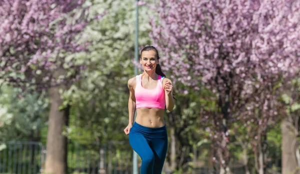 Happy Sportive Girl Running Park Spring Day — Stock Photo, Image