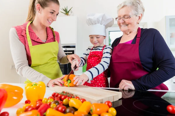 Happy Granny Showing Old Family Recipe Grandson Daughter — Stock Photo, Image