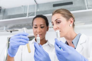 Araştırma laboratuarındaki bilim adamları test sonuçları hakkında konuşan analiz aletleriyle...