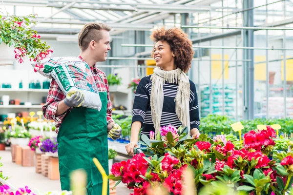 Allegro bel lavoratore in un negozio di fiori a parlare con un bel cliente — Foto Stock