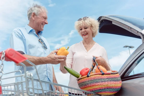 Pasangan senior yang ceria senang membeli sayuran segar dari hipermarket — Stok Foto