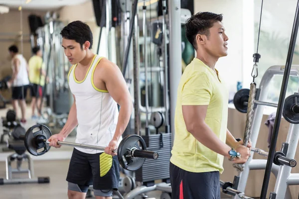 Jongeman uitoefening van de triceps stapelautomaat op het touw kabel machine — Stockfoto