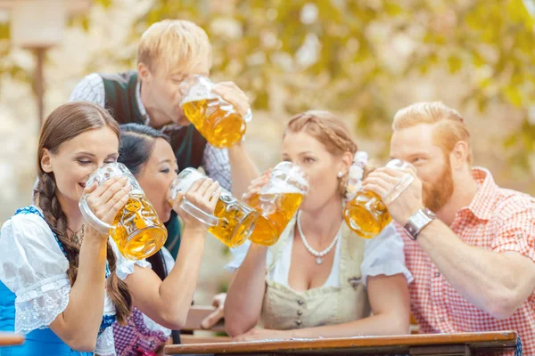 Amigos bebendo cerveja no jardim da cerveja — Fotografia de Stock