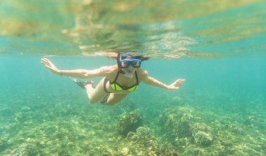Yaz tatilinde tropikal denizin zemininde yüzen bir kadın.