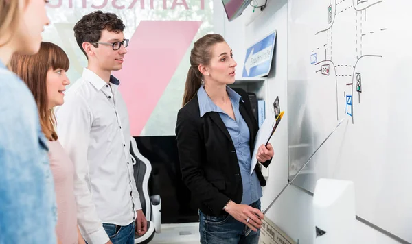 Clase en autoescuela analizando situación de tráfico compleja en pizarra blanca — Foto de Stock